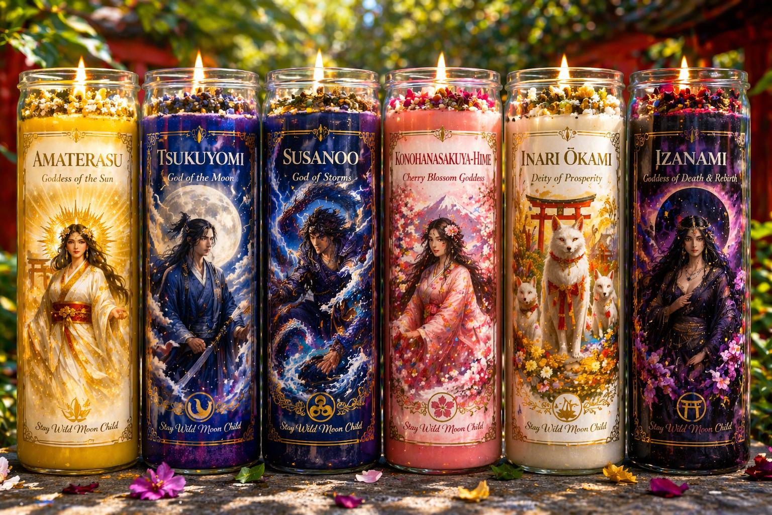 Japanese Goddess Candle Set  - Amaterasu Tsukuyomi  Susanoo  Inari Izanami - Spiritual Candle Collection- Ritual Candles __etsy:7976640199