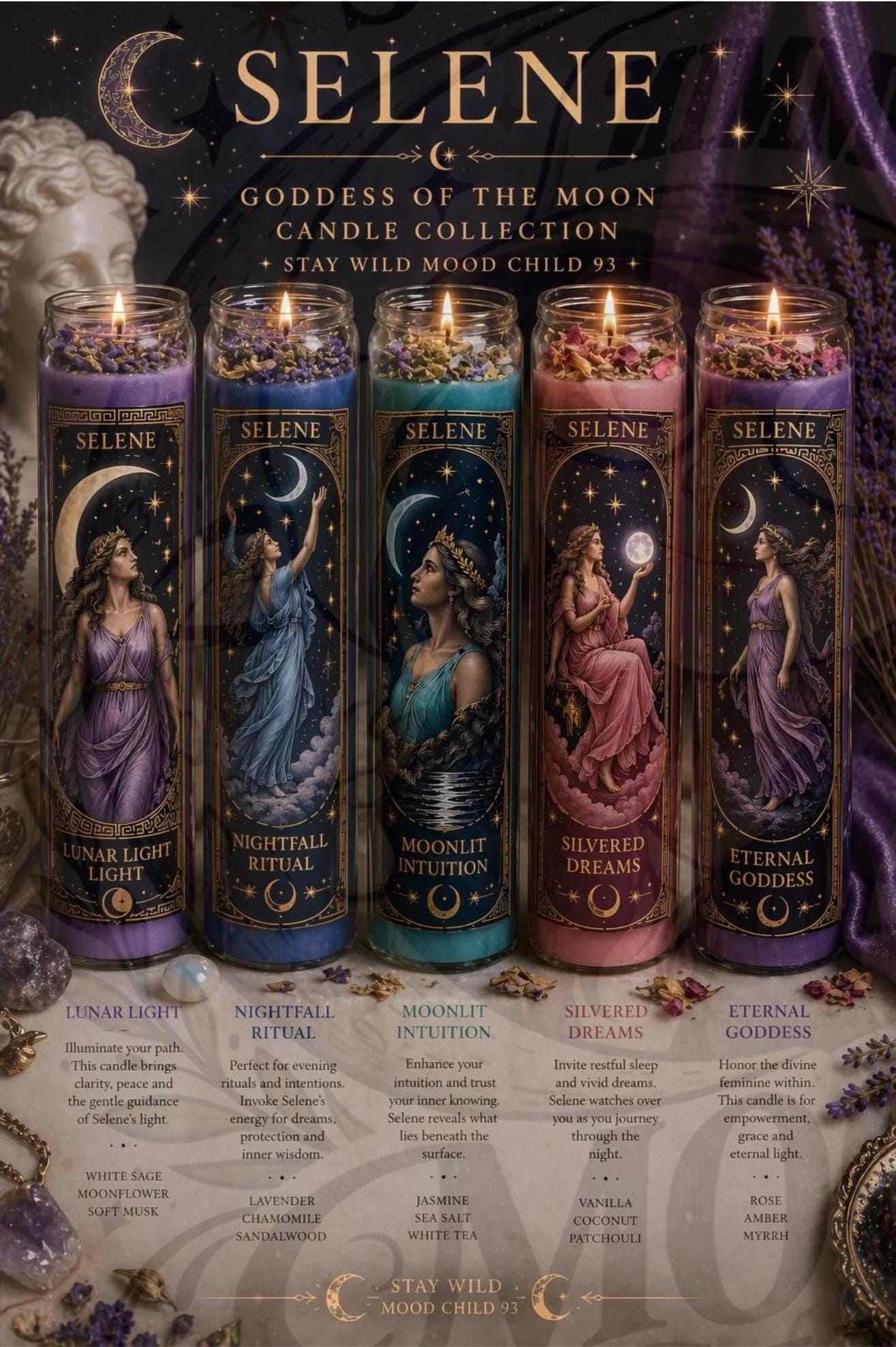 Selene Goddess Candle Set | Moon Ritual Candles | Spiritual Herbal Candles | Goddess Energy | Witchy Decor | __etsy:8038105367