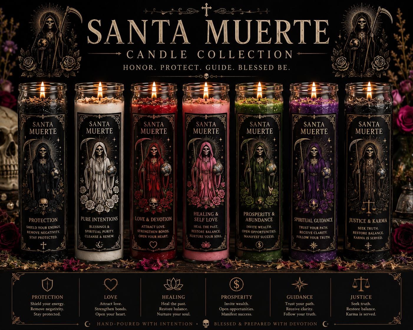 Santa Muerte Prayer Candle Collection | 7 Day Devotional Candles | Protection, Love, Healing, Prosperity, Spiritual Guidance & Justice